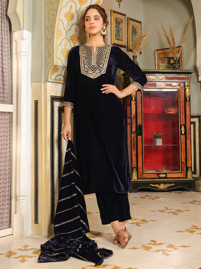 Navy Blue Velvet Zari Embroidered Straight Kurta Set