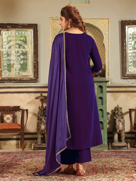 Purple Velvet Zari Embroidered A-Line Kurta Set