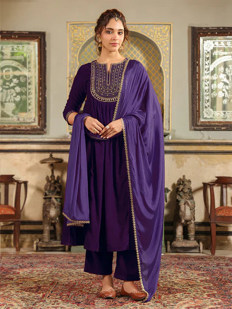 Purple Velvet Zari Embroidered A-Line Kurta Set