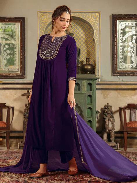 Purple Velvet Zari Embroidered A-Line Kurta Set