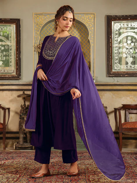 Purple Velvet Zari Embroidered A-Line Kurta Set