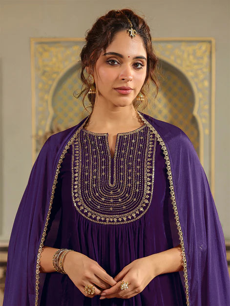 Purple Velvet Zari Embroidered A-Line Kurta Set