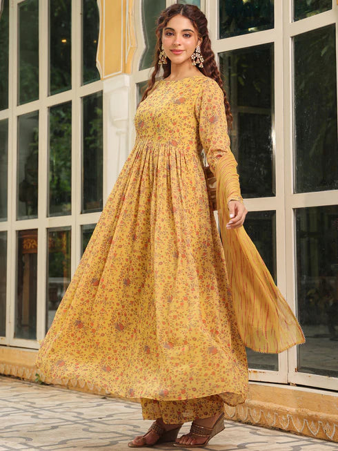 Mustard Georgette Floral Printed Anarkali Kurta Set