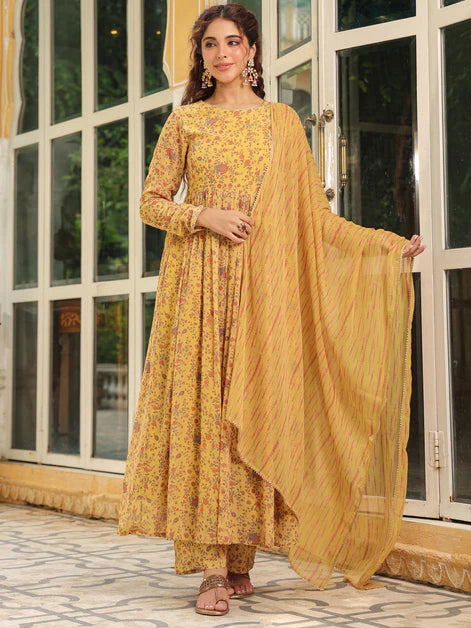 Mustard Georgette Floral Printed Anarkali Kurta Set