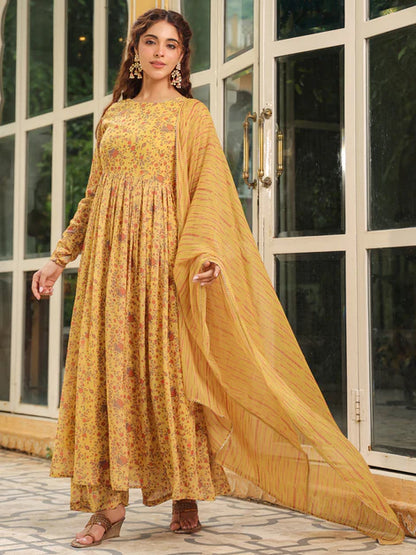 Mustard Georgette Floral Printed Anarkali Kurta Set