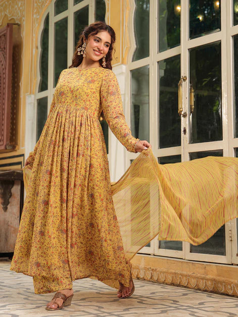 Mustard Georgette Floral Printed Anarkali Kurta Set