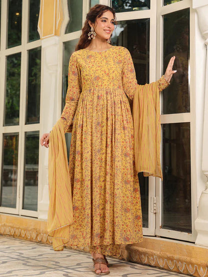 Mustard Georgette Floral Printed Anarkali Kurta Set