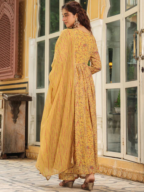 Mustard Georgette Floral Printed Anarkali Kurta Set