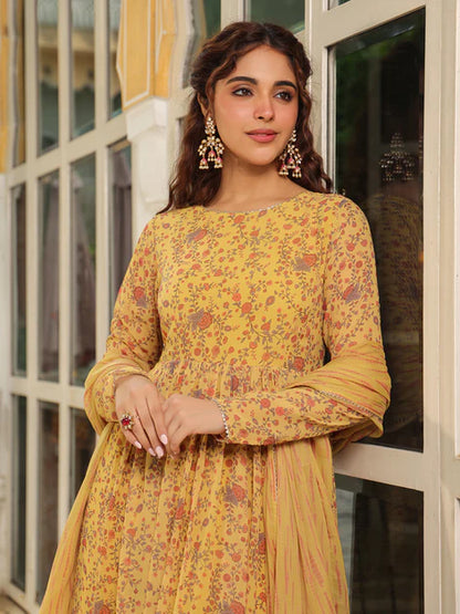 Mustard Georgette Floral Printed Anarkali Kurta Set