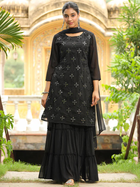 Black Georgette Embroidered Straight Kurta With Sharara Set