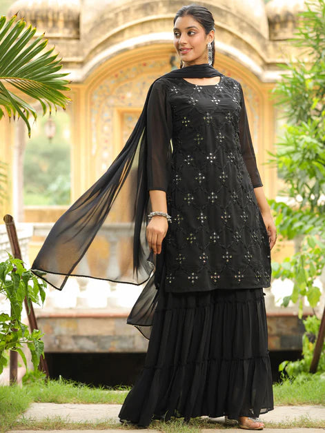 Black Georgette Embroidered Straight Kurta With Sharara Set