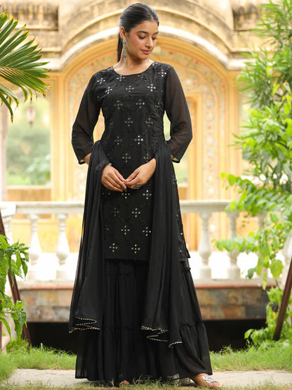 Black Georgette Embroidered Straight Kurta With Sharara Set