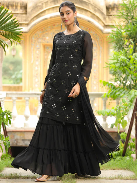 Black Georgette Embroidered Straight Kurta With Sharara Set