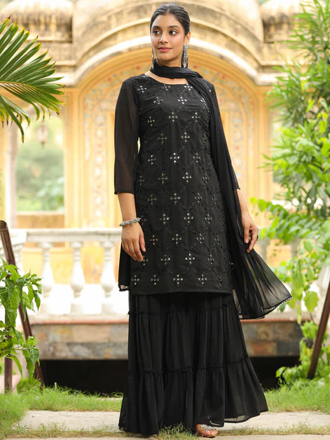 Black Georgette Embroidered Straight Kurta With Sharara Set