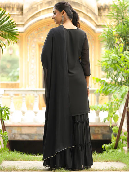 Black Georgette Embroidered Straight Kurta With Sharara Set