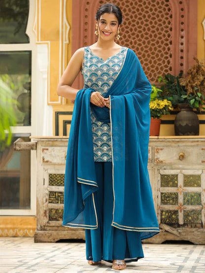 Teal Blue Georgette Embroidered Straight Kurta with Sharara & Dupatta Set