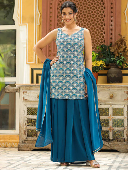 Teal Blue Georgette Embroidered Straight Kurta with Sharara & Dupatta Set