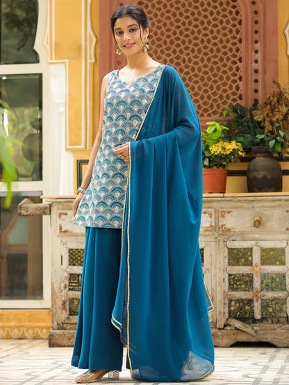 Teal Blue Georgette Embroidered Straight Kurta with Sharara & Dupatta Set