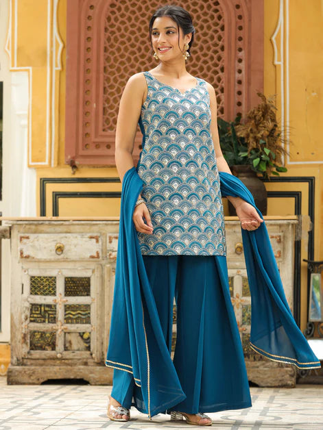 Teal Blue Georgette Embroidered Straight Kurta with Sharara & Dupatta Set