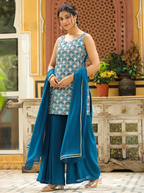 Teal Blue Georgette Embroidered Straight Kurta with Sharara & Dupatta Set