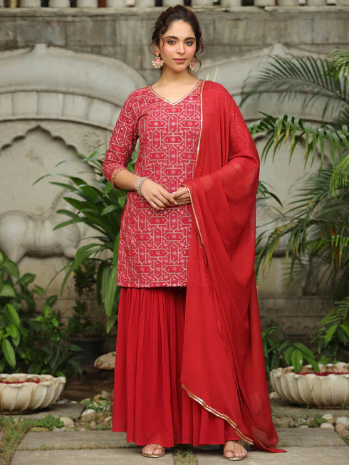 Red Georgette Embroidered Straight Kurta with Sharara & Dupatta Set