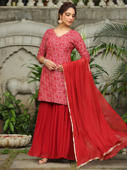 Red Georgette Embroidered Straight Kurta with Sharara & Dupatta Set