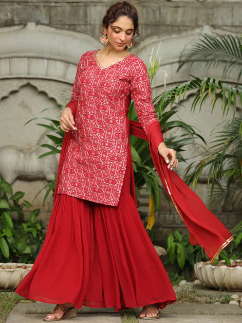 Red Georgette Embroidered Straight Kurta with Sharara & Dupatta Set