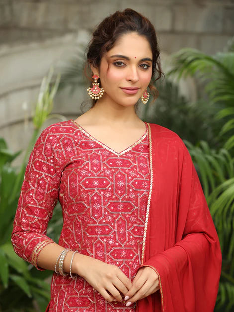 Red Georgette Embroidered Straight Kurta with Sharara & Dupatta Set