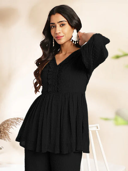 Black Dobby Chiffon Woven Design Peplum Co-Ord Set