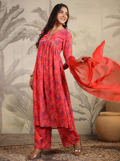 Red Georgette Floral Printed A-Line Kurta Set