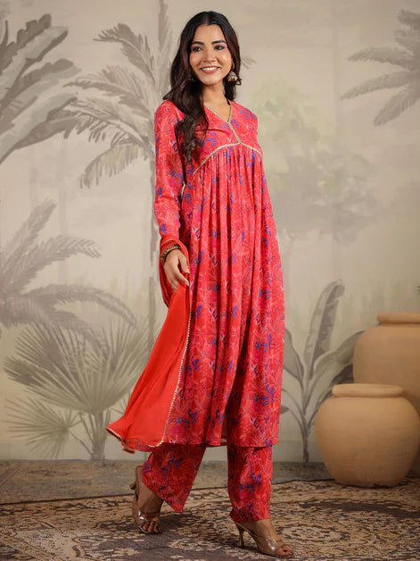 Red Georgette Floral Printed A-Line Kurta Set