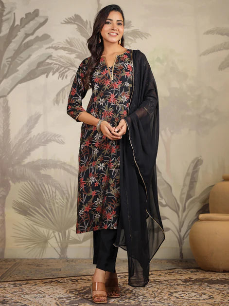 Black Chanderi Floral Printed Straight Kurta Set