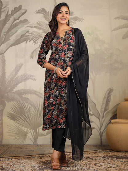 Black Chanderi Floral Printed Straight Kurta Set