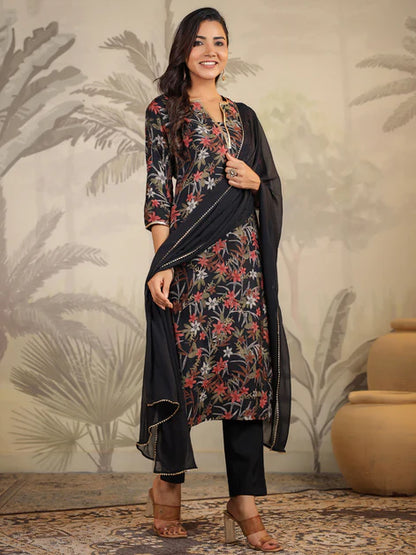 Black Chanderi Floral Printed Straight Kurta Set