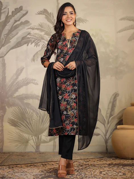 Black Chanderi Floral Printed Straight Kurta Set