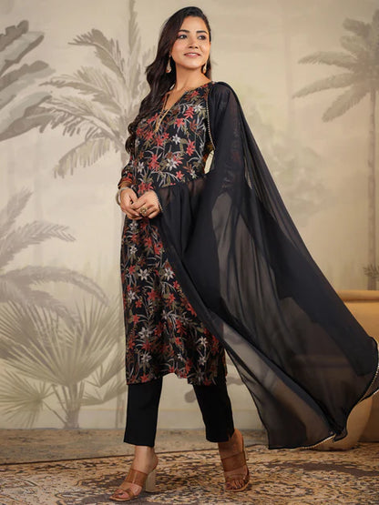 Black Chanderi Floral Printed Straight Kurta Set