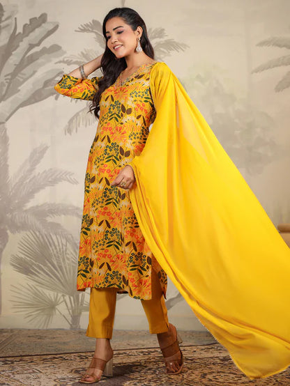 Mustard Chanderi Floral Printed Straight Kurta Set