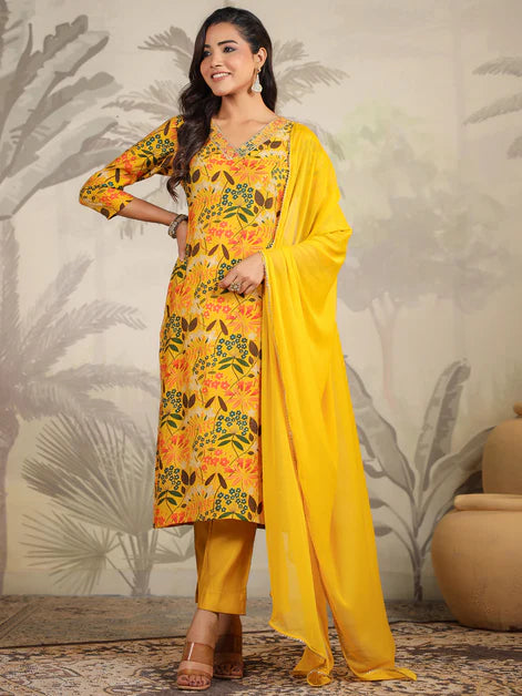 Mustard Chanderi Floral Printed Straight Kurta Set