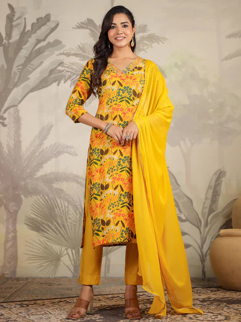 Mustard Chanderi Floral Printed Straight Kurta Set