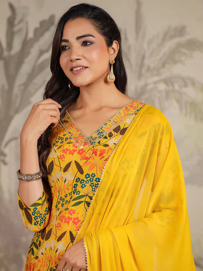 Mustard Chanderi Floral Printed Straight Kurta Set