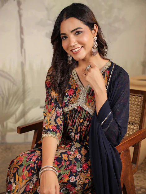 Black Chanderi Floral Printed A-Line Kurta Set