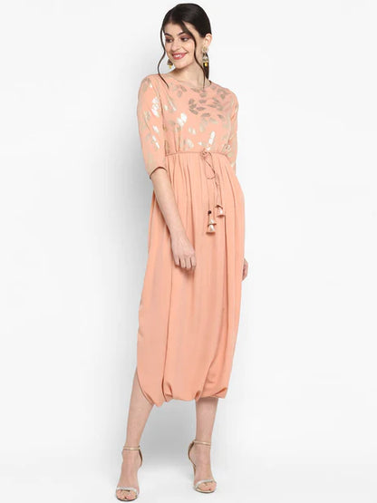 Peach Poly Crepe Foil Print Dhoti Style Kurta