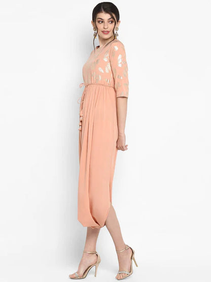 Peach Poly Crepe Foil Print Dhoti Style Kurta