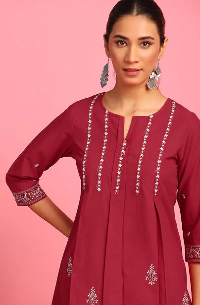 Maroon Cotton Embroidered Trapeze Tunic