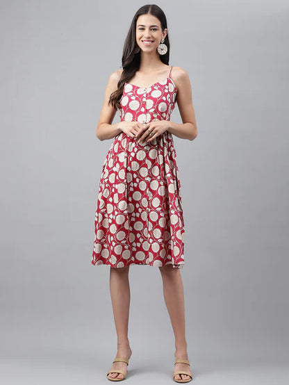 Magenta Rayon Botanical Printed Gathered Dress