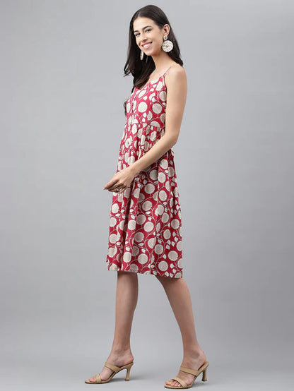 Magenta Rayon Botanical Printed Gathered Dress