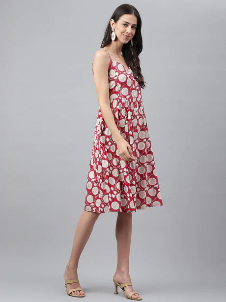 Magenta Rayon Botanical Printed Gathered Dress