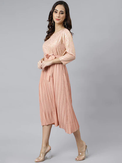 Peach Poly Crepe Botanical Print Flared Kurta