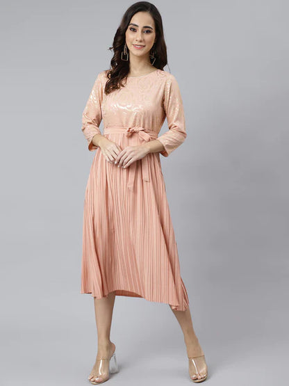 Peach Poly Crepe Botanical Print Flared Kurta