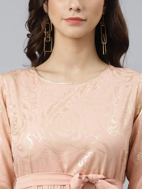 Peach Poly Crepe Botanical Print Flared Kurta